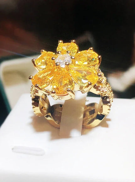 💋 New Women's Ring Yellow Zircon Flower - Silver Plated