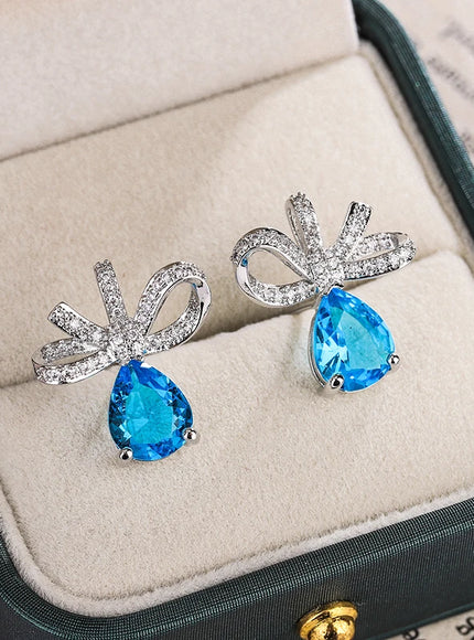 KissIcon Exquisite Blue Zircon Bow Earrings Silver Plated