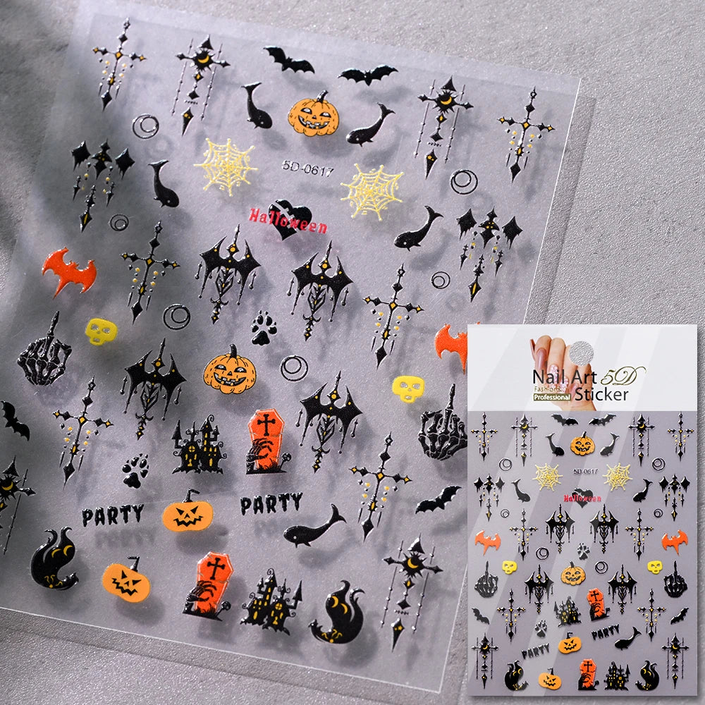 5D Skeleton Bat Halloween Nail Art Stickers y2k Black Bat White Skull Adhesive Emobossed Nail Decorative Decals Halloween Slider