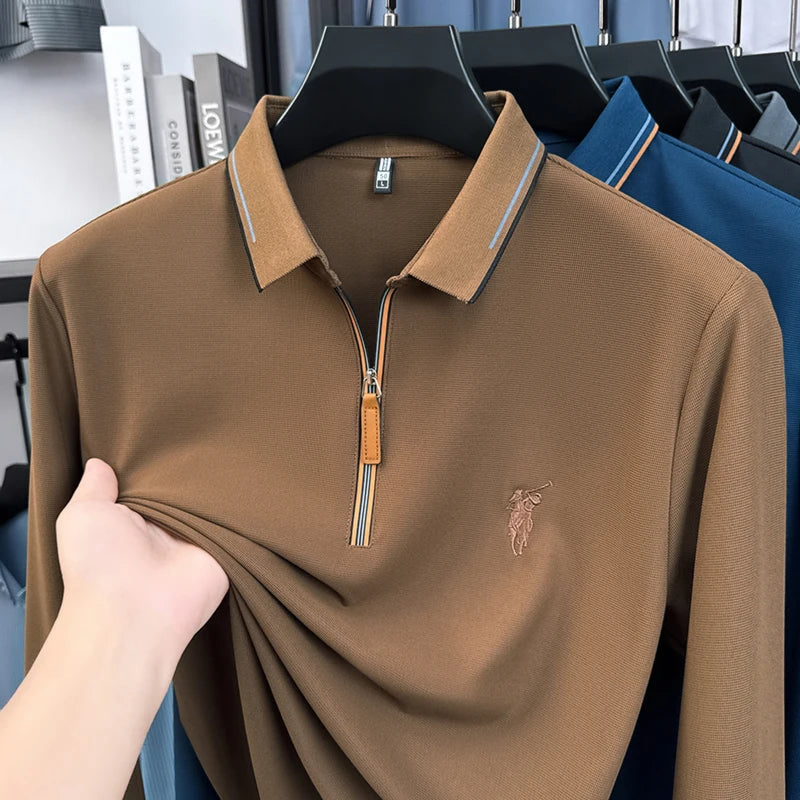 Men's Cotton Long Sleeved T-shirt with Collar Polo Shirt High-end Embroidered Top Autumn Loose Base Shirt
