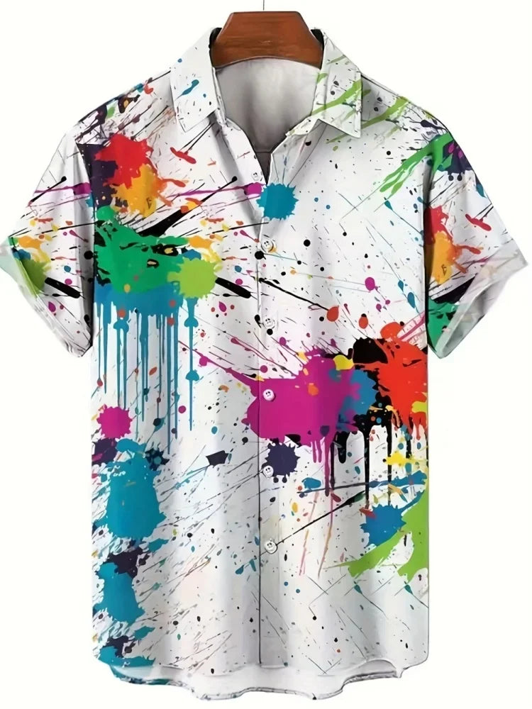 Men's Summer Casual Shirt Vibrant 3D Print Graffiti Art Short Sleeves Lapel Button-Up Top Stylish Streetwear Colorful Shirt Man