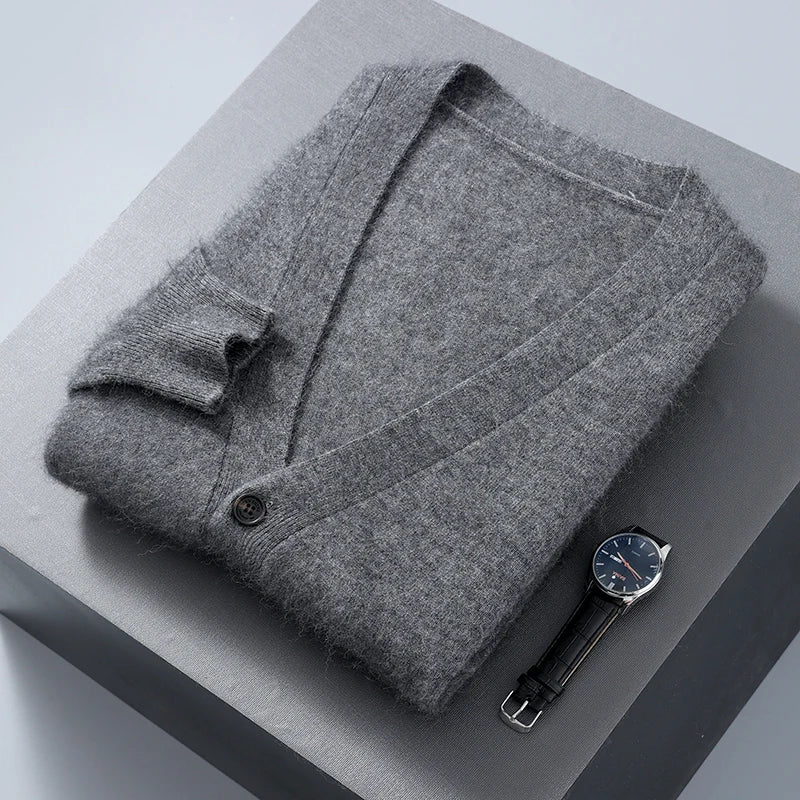 2025 Autumn Winter New Cardigan Men's V-Neck Top 100% Mink Cashmere Knitted Sweater Casual Loose Large Long Sleeved Shirt Jacket