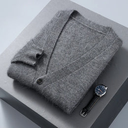 2025 Autumn Winter New Cardigan Men's V-Neck Top 100% Mink Cashmere Knitted Sweater Casual Loose Large Long Sleeved Shirt Jacket
