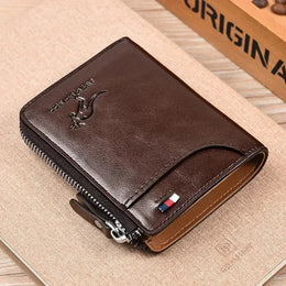 Mens RFID Protected Leather Wallet - Luxury Zippered Card Holder Purse for Business Cards with Elegant Carteira Masculina Style