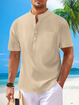 2025 Autumn Cross-Border Men's Cotton and Linen Stand Collar Short Sleeved Shirt, Loose Casual Henley Shirt for Men