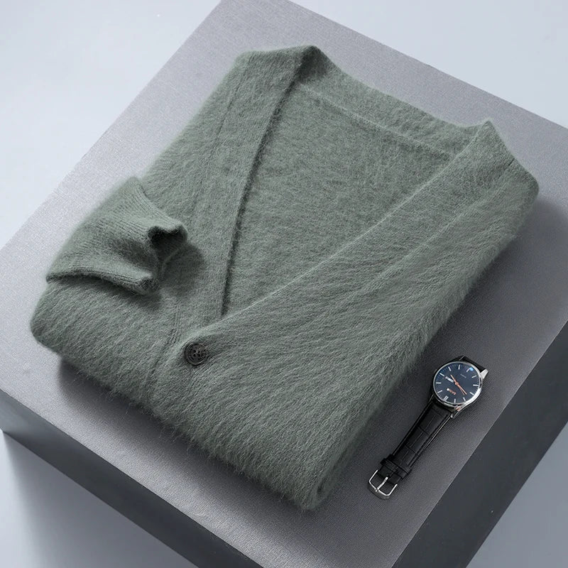 2025 Autumn Winter New Cardigan Men's V-Neck Top 100% Mink Cashmere Knitted Sweater Casual Loose Large Long Sleeved Shirt Jacket
