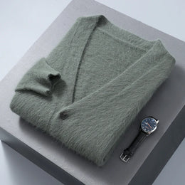 2025 Autumn Winter New Cardigan Men's V-Neck Top 100% Mink Cashmere Knitted Sweater Casual Loose Large Long Sleeved Shirt Jacket