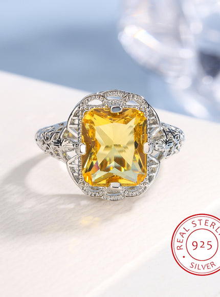Ladies 925 Silver Plated High-grade Moissanite Citrine Hollow Wedding Engagement Ring High-end Jewelry Luxury Ladies Ring