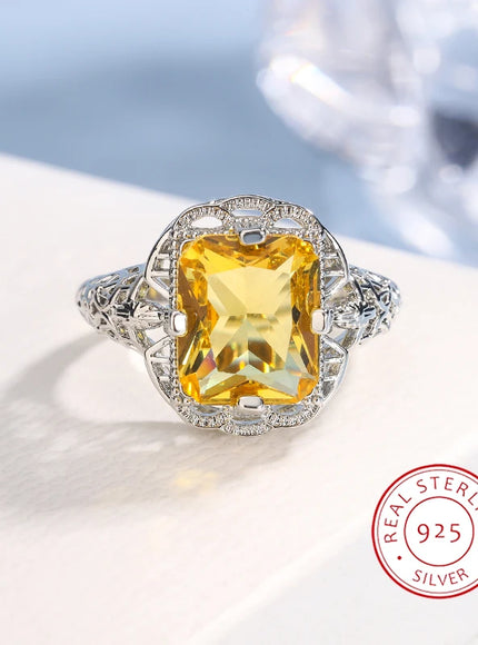 Ladies 925 Silver Plated High-grade Moissanite Citrine Hollow Wedding Engagement Ring High-end Jewelry Luxury Ladies Ring