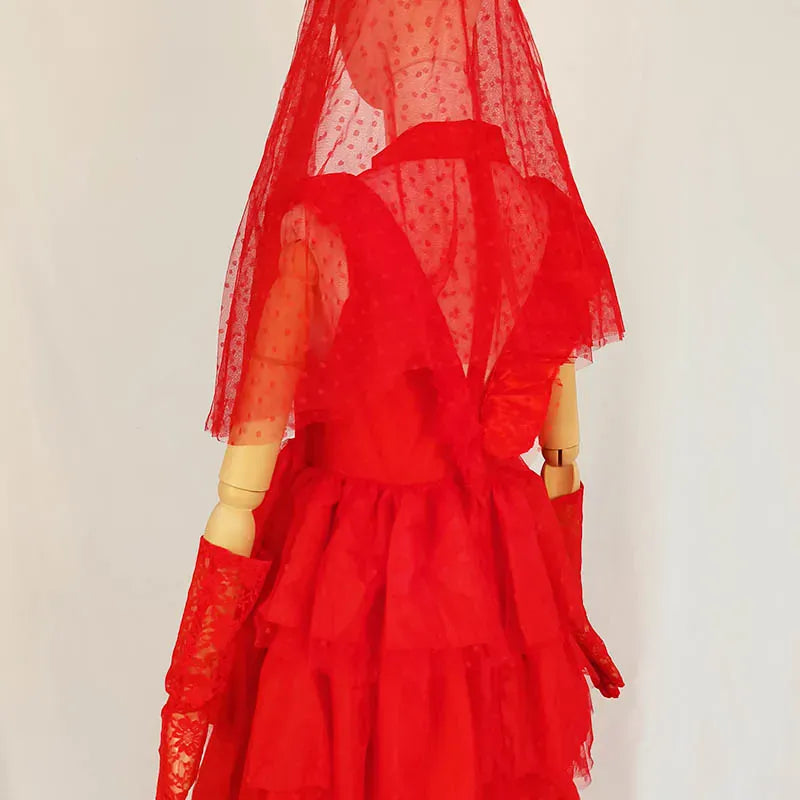 KissICON Lydia Deetz Costume with Gloves Scarf Lydia Women Wedding Dress Gothic Red Gown Halloween Outfits with Veil Beetle Bride Cosplay