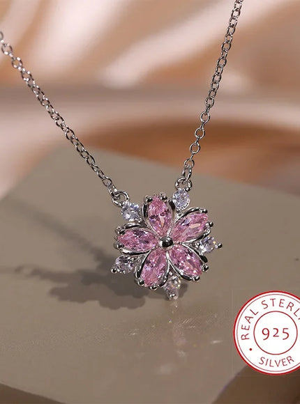 KissIcon Cherry Blossom Pendant Necklace Pink Zircon Shine