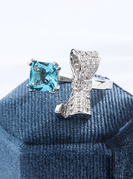 Sweet Wind Girl Sense Water Drop Bow Ring Light Luxury Design Opening Adjustable Blue Sugar Diamond S925 Couples for Women
