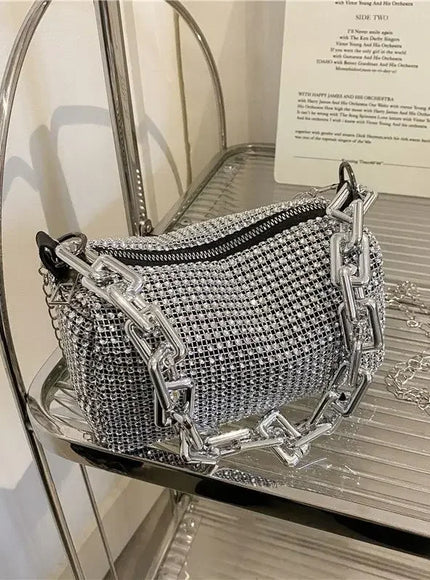 Allover Rhinestone Bucket Bag, Glitter Chain Prom Purse, Women's Mini Crossbody Bag