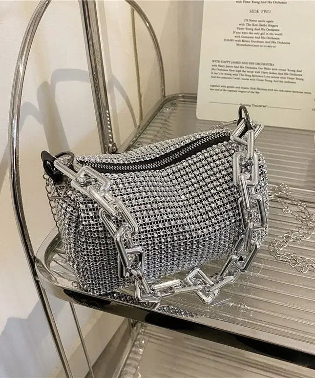 Allover Rhinestone Bucket Bag, Glitter Chain Prom Purse, Women's Mini Crossbody Bag