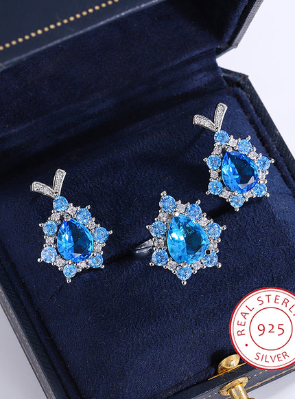 KissIcon Silver Plated Zircon Jewelry Set Sapphire Earrings
