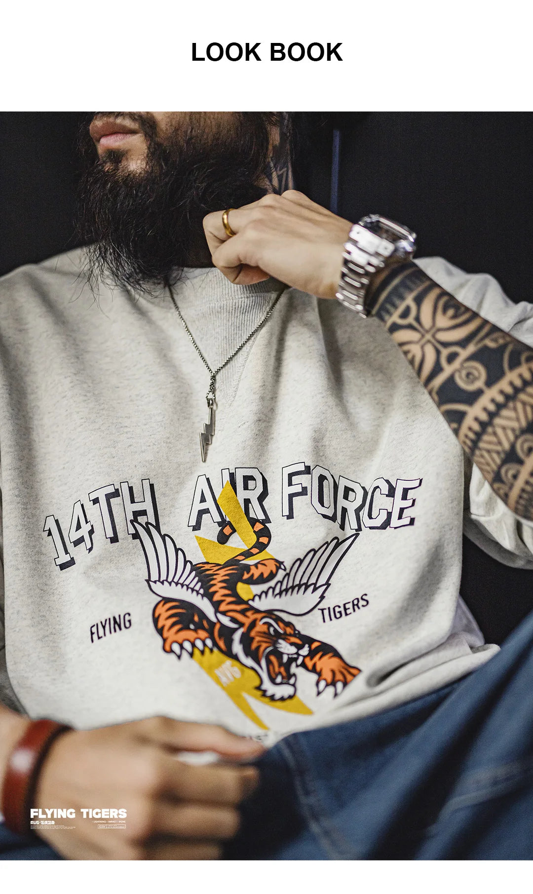 Maden Men's Vintage Print Sweatshirt Light Grey Loose Fit Knit Pullover Long Sleeve Round Neck Casual Top for Spring and Autumn