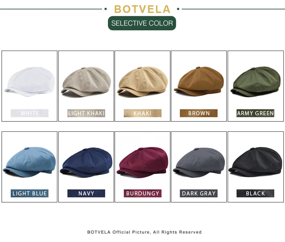BOTVELA Newsboy Cap Men's Twill Cotton Eight Panel Hat Women's Baker Boy Caps Retro Big Large Hats Male Boina Black Beret 003
