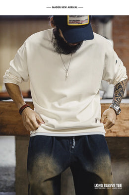 Maden Men's V-Neck T-Shirt Long Sleeve Pullover Solid Color Casual Basic Base Layer For Spring Autumn Soft Breathable Top