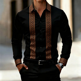 Men's Retro Geometric Print Shirt, Stylish Long-Sleeve Black Shirt, Business Casual Men's Top, Multiple Colors Available, XS-6XL