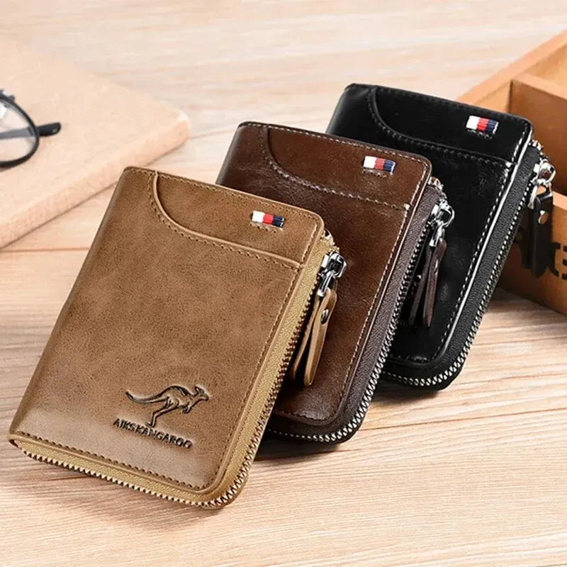 Mens RFID Protected Leather Wallet - Luxury Zippered Card Holder Purse for Business Cards with Elegant Carteira Masculina Style