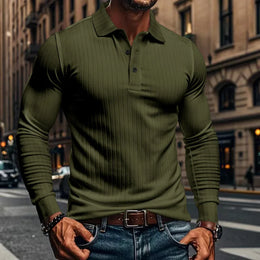 Cross-border Autumn Men's Classic Casual American Lapel Button-up Long-sleeved T-Shirt Elastic Pit Strip Polo Shirt