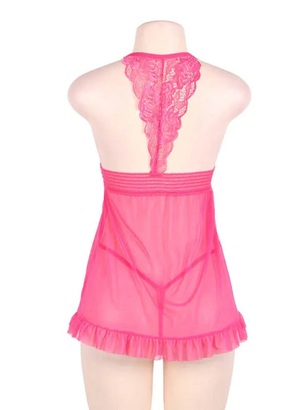 Plus size half tansparent mesh satin women sexy lingerie set nightgown and sleepshirts babydoll chemise with G-String from M-5XL