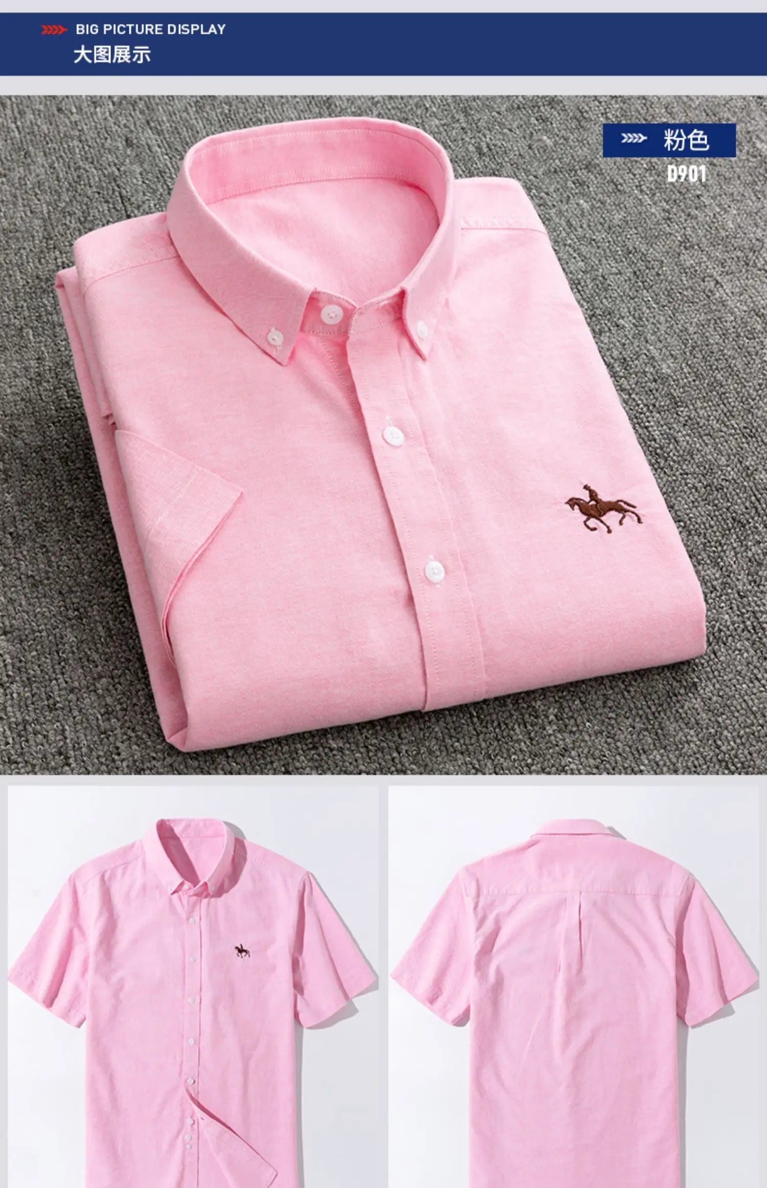 100% Cotton Oxford Shirt Men's Summer short sleeved Sleeve Embroidered Horse Casual Without Pock et Solid Shirt Plus Size S-6XL