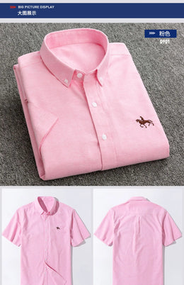 100% Cotton Oxford Shirt Men's Summer short sleeved Sleeve Embroidered Horse Casual Without Pock et Solid Shirt Plus Size S-6XL