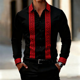 Men's Retro Geometric Print Shirt, Stylish Long-Sleeve Black Shirt, Business Casual Men's Top, Multiple Colors Available, XS-6XL