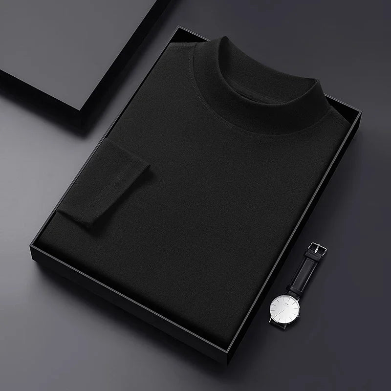 2026 New Men's Casual Solid Color High Collar Velvet Long Sleeve T-shirt Spring and Autumn Versatile Comfortable Top
