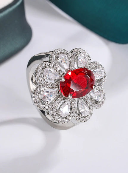 Fashion Drop Pendant Pear-shaped Zirconia Ring 925 Stamp High Quality Jewellery Imitation Natural Pigeon Blood Ruby Oval Ring