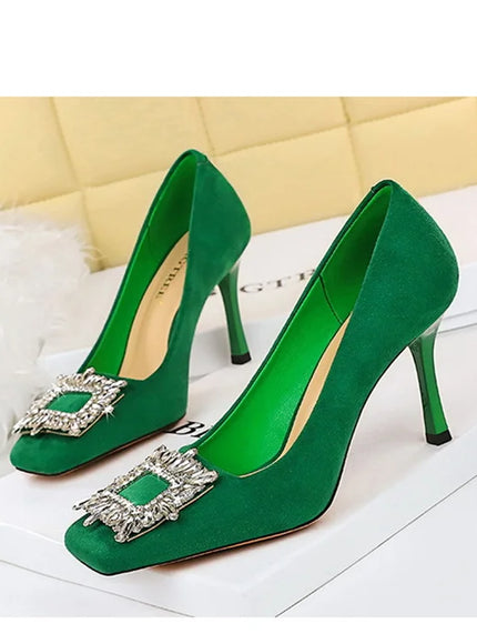 Fashion Women High Heels Metal Rhinestone Buckle Square