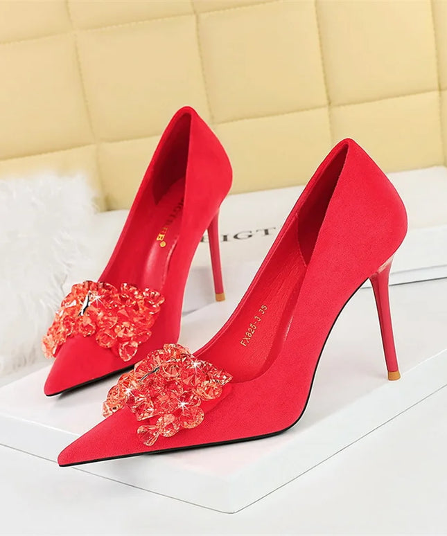 2024 New Fashion Pointed Toe Suede Rhinestone Women