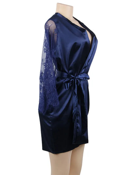 Big Size Women's Faux Silk Robe Set Transparent V Neck Sleepwear Nightgown Plus Size Sexy Babydoll Lingerie with Panties
