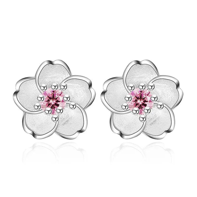 KissICON Pink 925 Sterling Silver Pink Purple Zircon Flower Small Stud Earrings Piercing Luxury Jewelry For Woman Wholesale Prevent Allergies