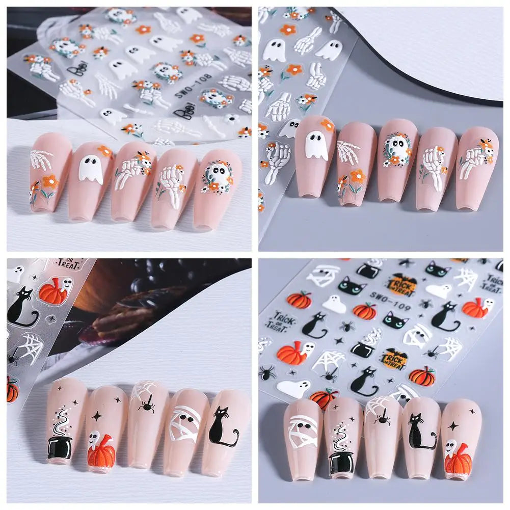 1pcs Halloween Nail Stickers Pumpkin Ghost Spider Skull Design Cute Adhesive Slider Decals DIY Manicure Decor