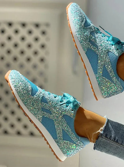 Women Flat Glitter Sneakers Casual Bling Vulcanized Shoes Female Mesh Lace Up Platform Comfort Plus Size Fashion Ladies Autumn99