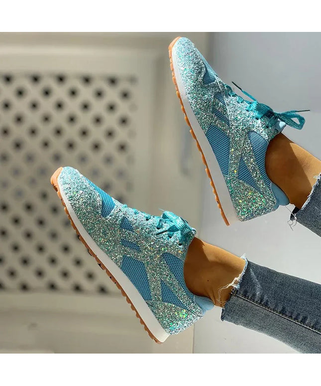 Women Flat Glitter Sneakers Casual Bling Vulcanized Shoes Female Mesh Lace Up Platform Comfort Plus Size Fashion Ladies Autumn99