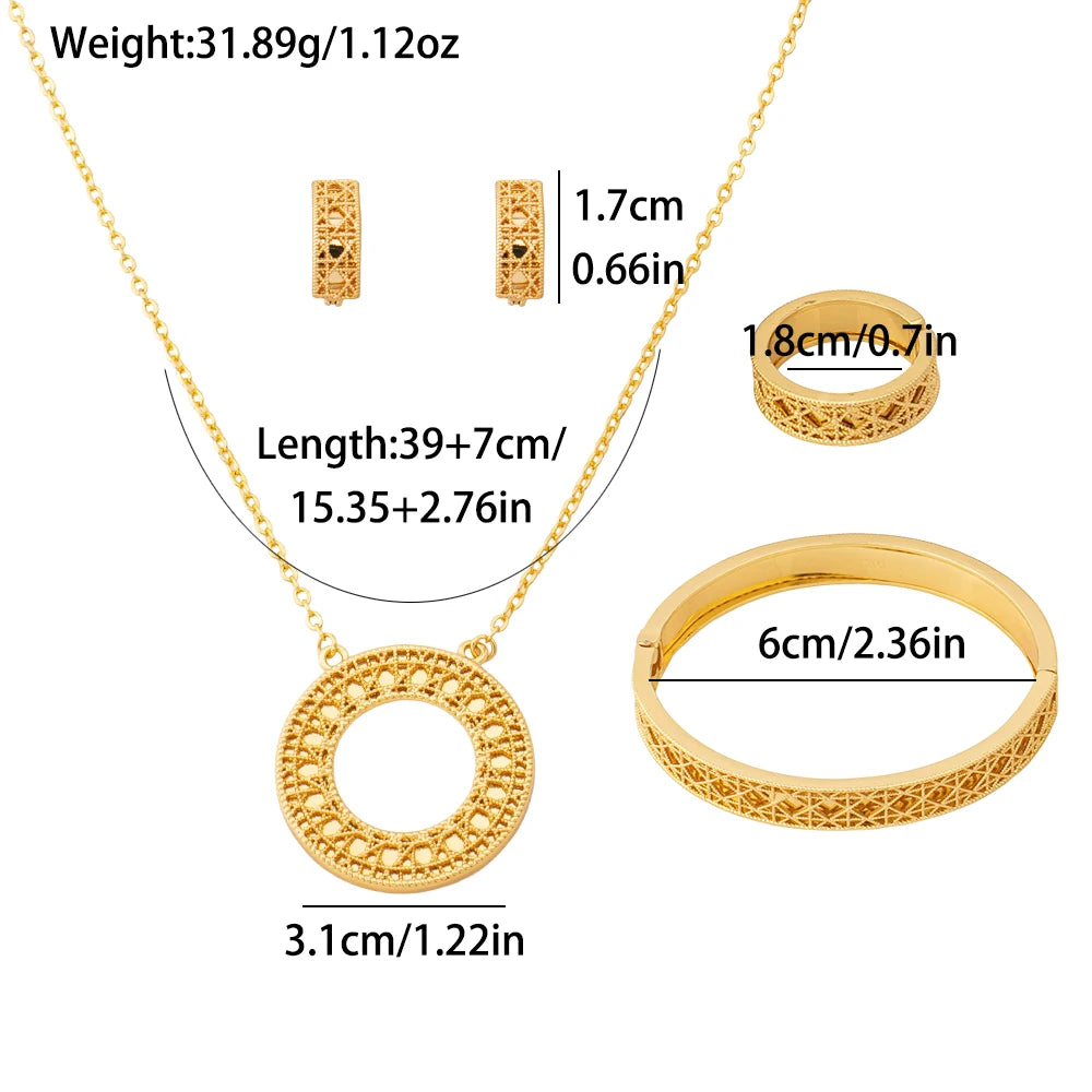 Circular Hollow Bracelet Necklace Ring Earring 4pcs Set 18k Gold-Plated Copper Jewelry Accessories Geometric Pattern Gifts