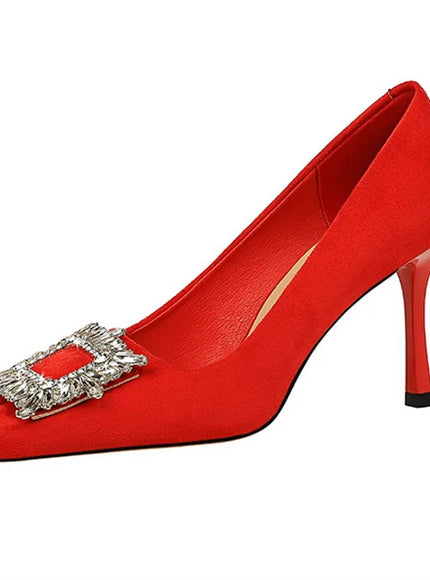 Fashion Women High Heels Metal Rhinestone Buckle Square