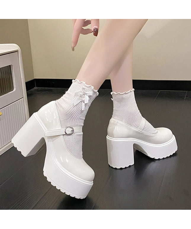 Chunky Platform High Heels Pumps Women 2023 Autumn Pu Leather Ankle Buckle Mary Jane Shoes Woman Thick Heeled White Lolita Shoes