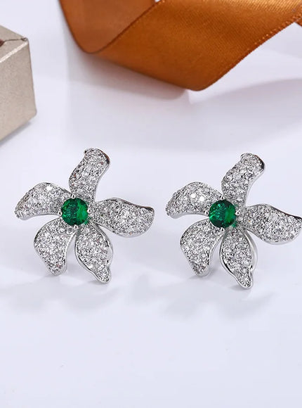 KissIcon Beautiful 925 Silver Earrings - Green Zircon Flower