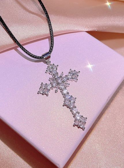 KissIcon Cubic Zirconia Cross Necklace - 925 Silver Plated