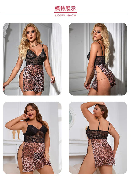 High quality Plus Size Woman Leopard Print sexy sleepwear night wear sleep dressnightdress lingerie from M-5XL