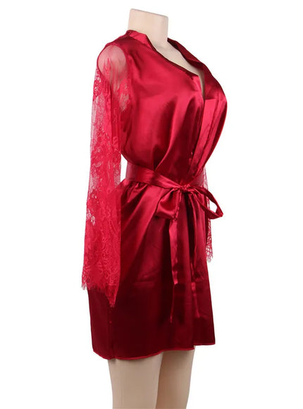 Big Size Women's Faux Silk Robe Set Transparent V Neck Sleepwear Nightgown Plus Size Sexy Babydoll Lingerie with Panties