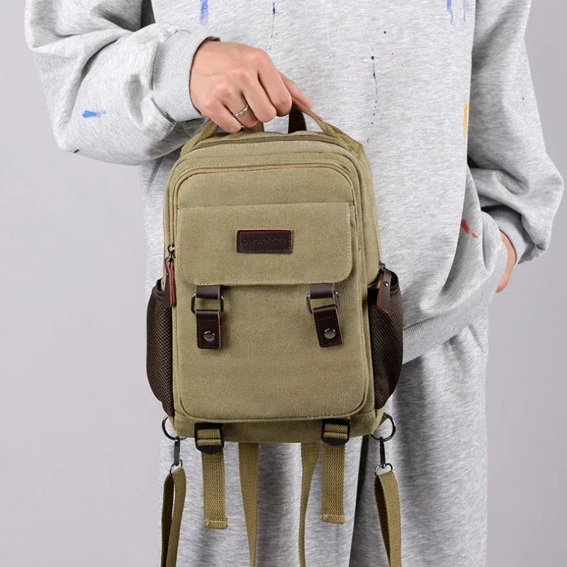 Small Mens Backpack Canvas Casual Backpacks for Men 2025 Mini Male School Bag Rucksack Man Multi-function Crossbody Bag Travel