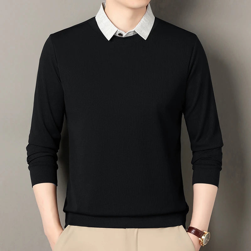 2026 New Men's Fake Two Piece Polo Shirt Casual Fashion Long Sleeve Collar T-shirt Versatile Top