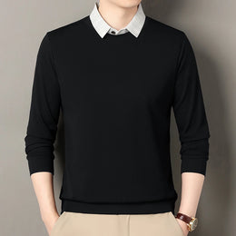 2026 New Men's Fake Two Piece Polo Shirt Casual Fashion Long Sleeve Collar T-shirt Versatile Top