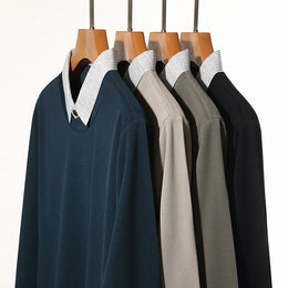 2026 New Men's Fake Two Piece Polo Shirt Casual Fashion Long Sleeve Collar T-shirt Versatile Top