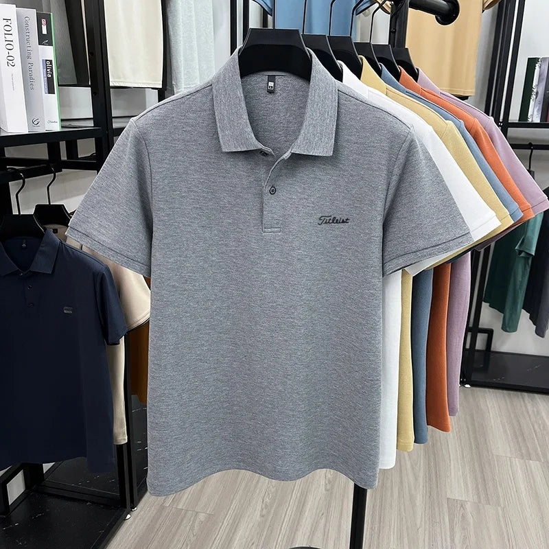Men's Summer New Cotton 100% Short-Sleeved Polo Shirt, Collar Brand Printed T-Shirt, Breathable Casual Business Men's Clothing